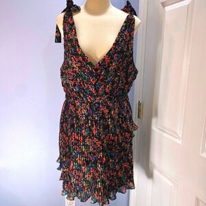 La Maison Talulah Black Floral Micro Pleat Ruffle Mini Dress Deep V Tassel XL